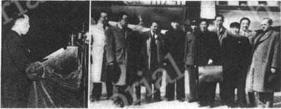 
右：数十万劳动人民的大游行。下：在豫祝盛典会上，刘宁一致词。右下：参加捷克庆祝「五一」和解放五周年大会的我国代表团。
