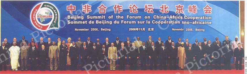 
11月5日下午，中非合作论坛北京峰会在人民大会堂北大厅举行《中非合作论坛北京峰会宣言》宣读仪式。仪式结束后，胡锦涛和论坛非洲成员国代表团团长以及非盟委员会主席集体合影。

